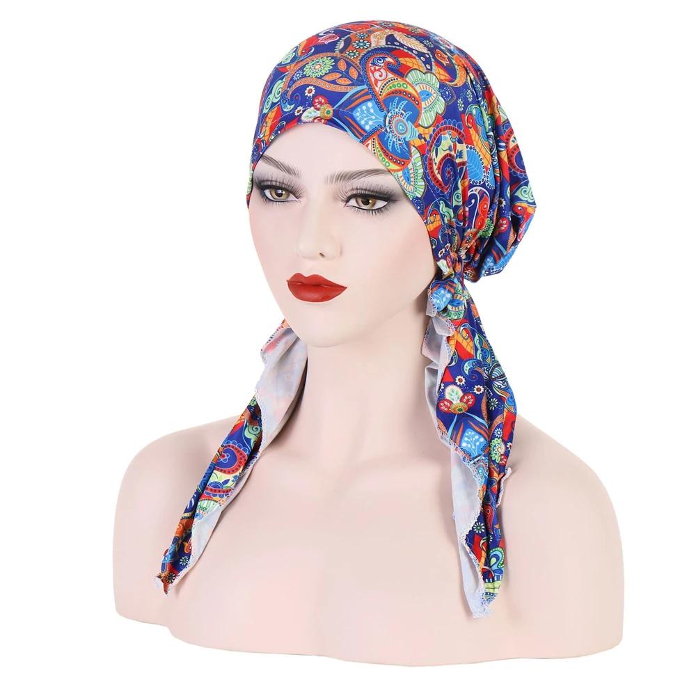 New Muslim Inner Hijab Turban Women Pre-Tied Cap Long Tail Headscarf Wrap Beanies Bonnet Head Scarf Stretch Headwear Ninja Hat