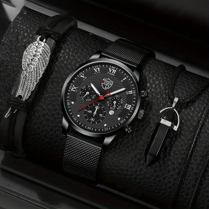 

3 шт./набор, 1 шт. Мужские роскошные деловые кварцевые часы из нержавеющей стали с сетчатым браслетом и 1 шт. браслет и 1 шт. ожерелье с