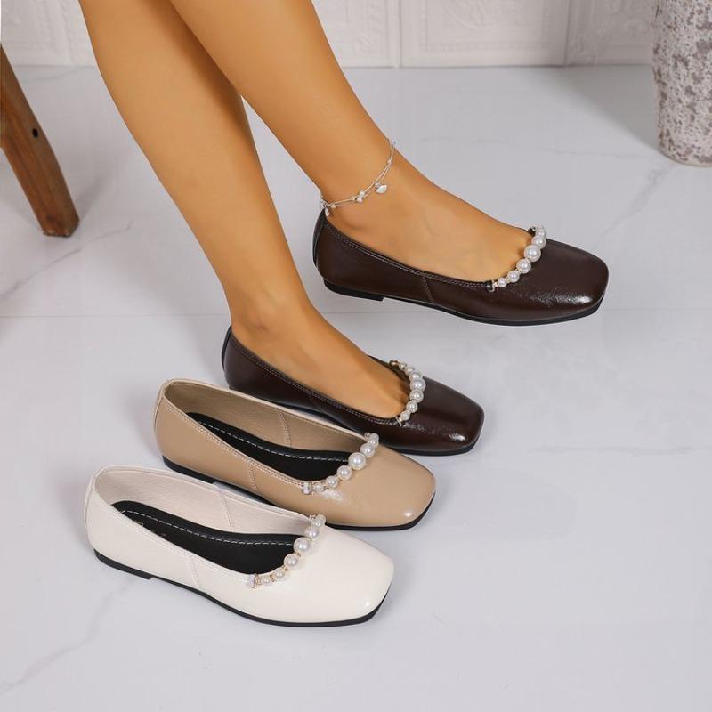 Women Square‑Toe Pearl Mary Jane Flats Soft Leather Ballet Shoes