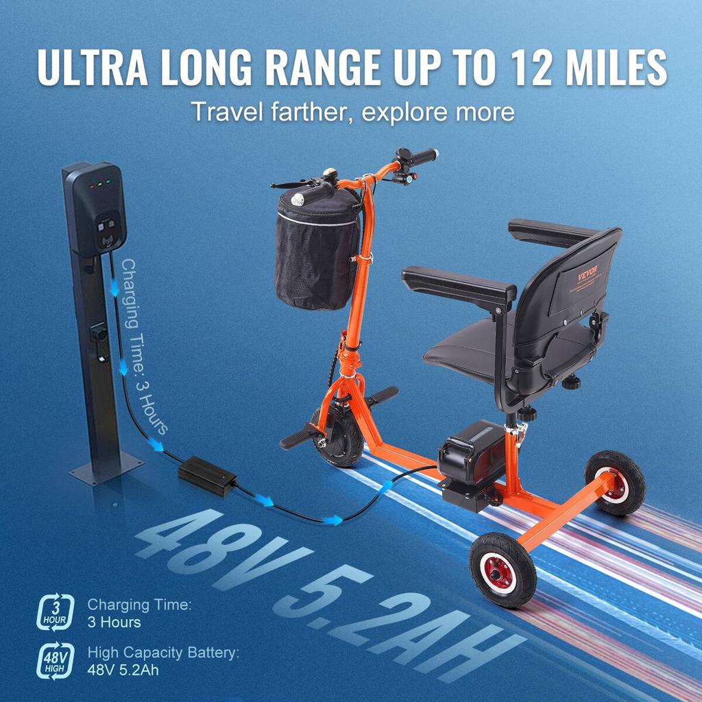 Portable 3 Wheel Mobility Scooter for Seniors 12 Mile Range Max 330LBS