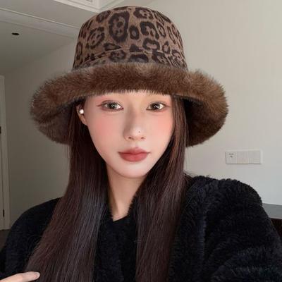 Women's Hat  Arrival Fisherman Hat Stuffed Imitation Mink Hat Leopard Print Double-sided Wearable Wintereasiest for Matchthickenedheattech Face Hat