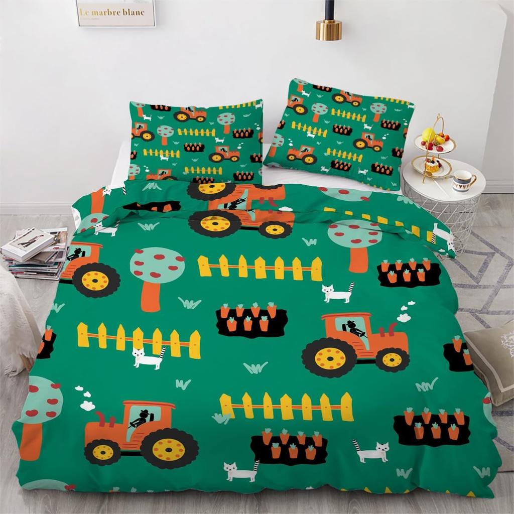 3D-Druck Mikrofaser Grüner Traktor Muster Bettbezug Bettwäsche-Set mit Kissenbezügen Cartoon Bauernhof Bettwäsche Bettdecke Ganzjahres