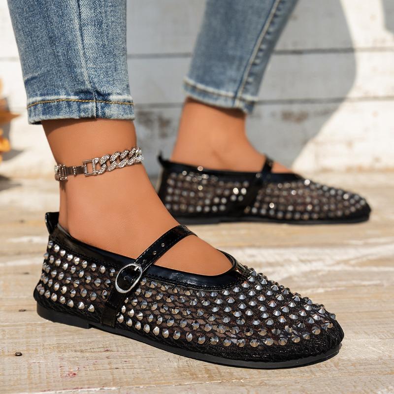 Fashion Fashionable Water Diamond Women Sandals Hollow Summer 2025 New Flat Shoes Mesh Breathable Single Shoes Lightweight Casual Shoes