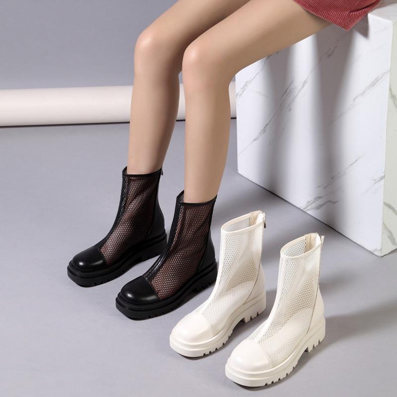 Dámská móda Krátké kozačky Jednobarevné S kulatou špičkou na tlustém podpatku Nízkobílé černé boty se síťovinou
