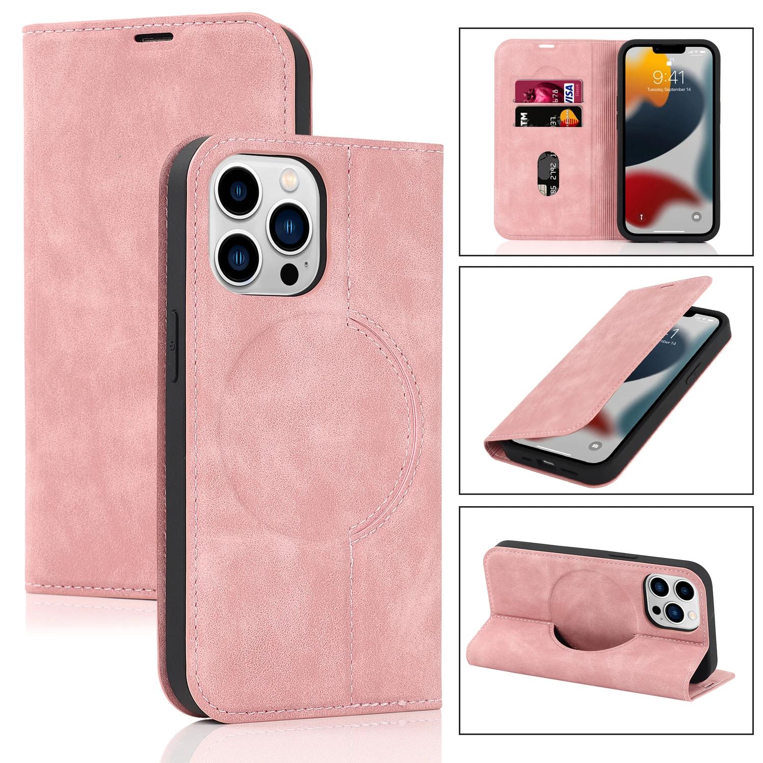 

Magnetic Leather Wallet Phone Cover for IPhone 16 Pro Max 14 Plus 13 15 12 for Magsafe Wireless Charging Stand Card Solt Case For iphone 16Plus рожевий