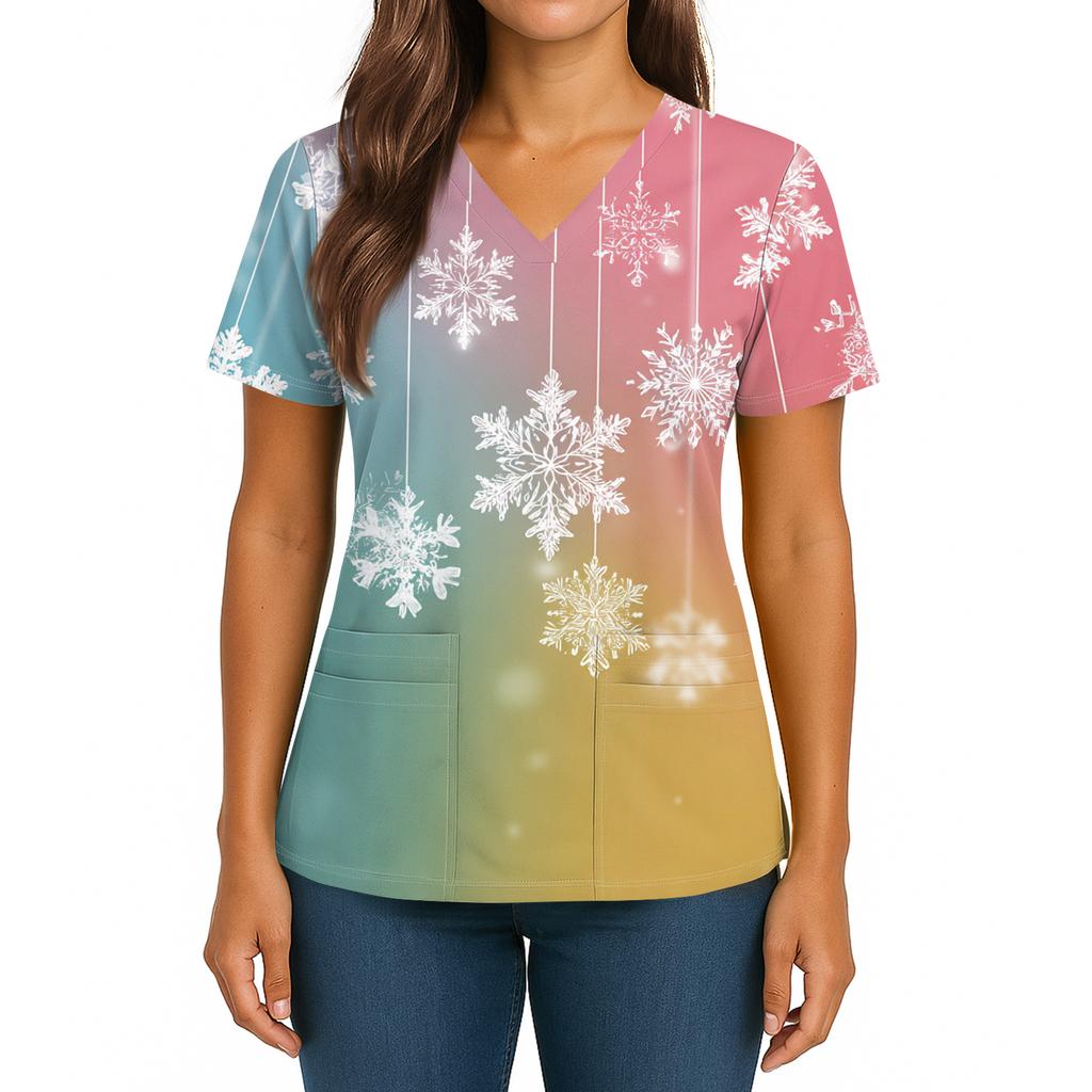 Women's Christmas Print V-Neck Double Pocket Short Sleeves Hem Slit  Uniform And Caregiver Top