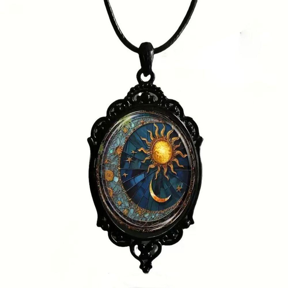 Vintage Gothic Glass Pendant Necklace Sun Moon Style Charm Necklace  Jewelry Accessories