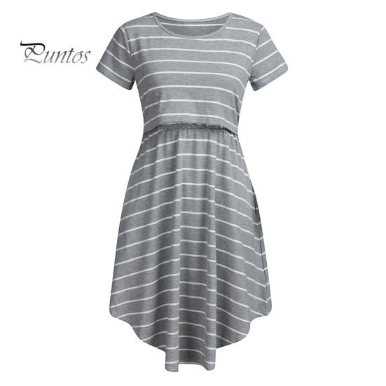 Summer Mother Breastfeeding Dress Openable Front Striped Round Neck Irregular Hem Short Sleeve Pregnant Women Nightdress Midi Dress