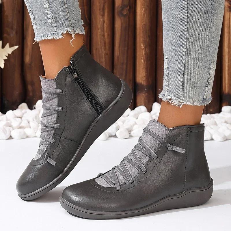 2025 Spring Women Waterproof Ankle Boots Vintage Woman Faux Leather Pu Flat Shoes Short Boots Womens Plus Size Zipper Booties