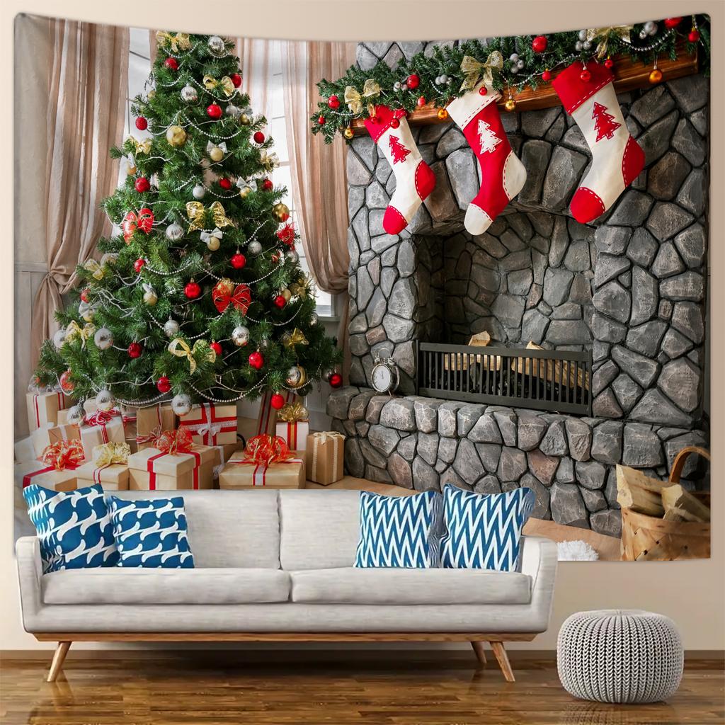 1pc Christmas Tapestry, Christmas Tree Fireplace Snow Background Cloth, Christmas Party Photography Background Wall Cloth