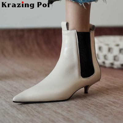Bottines d'hiver à talon moyen et bout pointu en cuir de vache