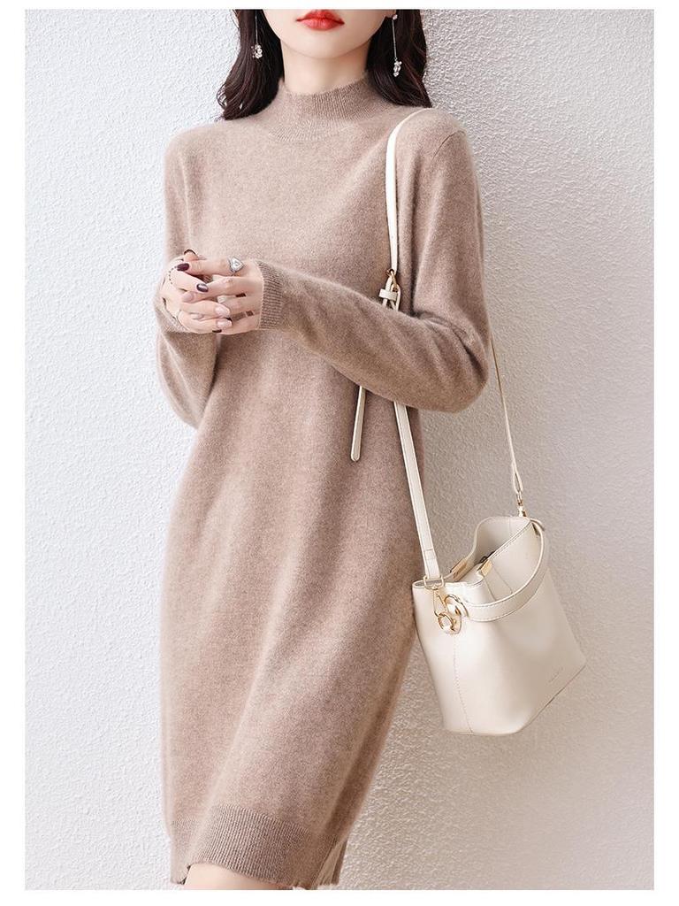 Women's 100% Wool Knit Dress - Autumn/Winter Semi-High Neck Casual Versatile Style
