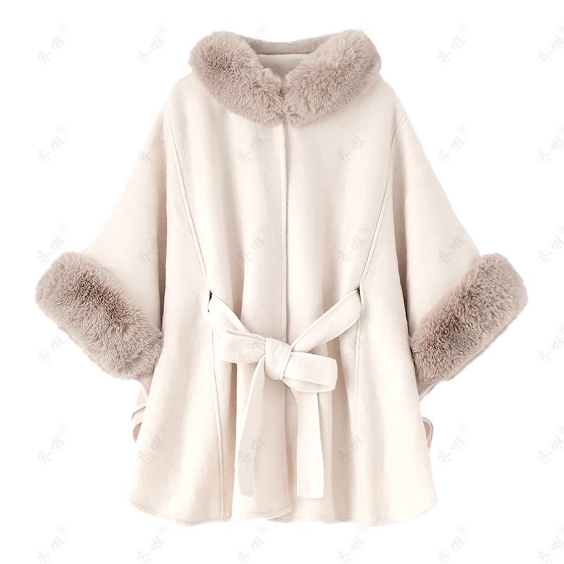 Women's Fox Fur Collar Wool Cape - Lace-up, Plus Size, Autumn/Winter Shawl.