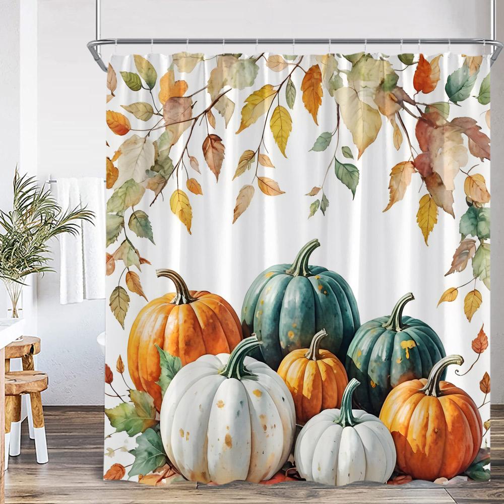 

Autumn Pumpkin Shower Curtain Harvest Season Maple Leaf Scarecrow Flower Wooden Plank Barn Farmhouse Bath Decoration With Hook W60H190(CM)-1 Pcs