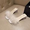 High-heeled Slippers Female Summer Wear 2025 New Fairy Wind Fluffy Slippers Internet Celebrity Thick Heel One-word Sandals Female