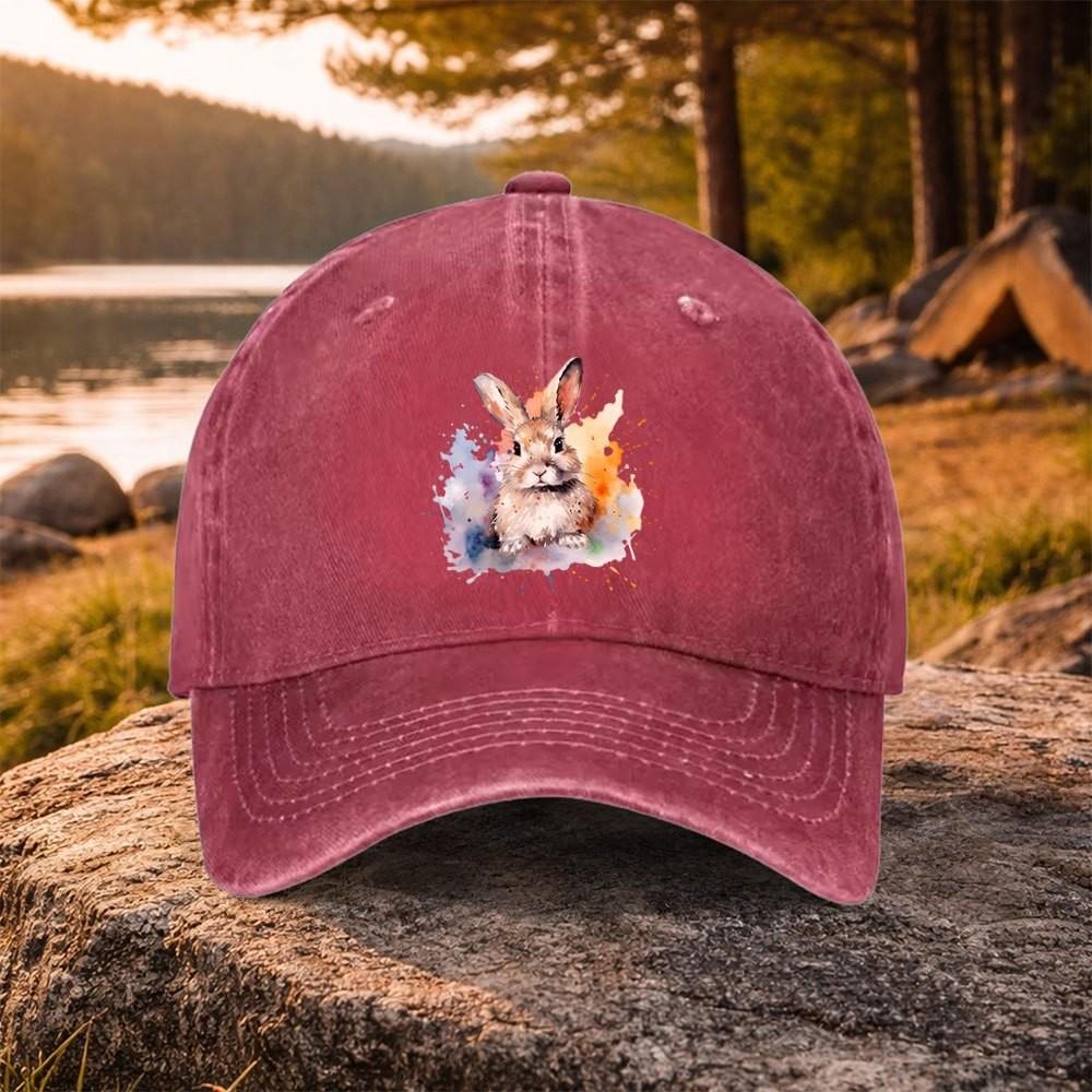 Watercolor Rabbit Print Washed Baseball Cap Adjustable Cotton Unisex Outdoor Headwear