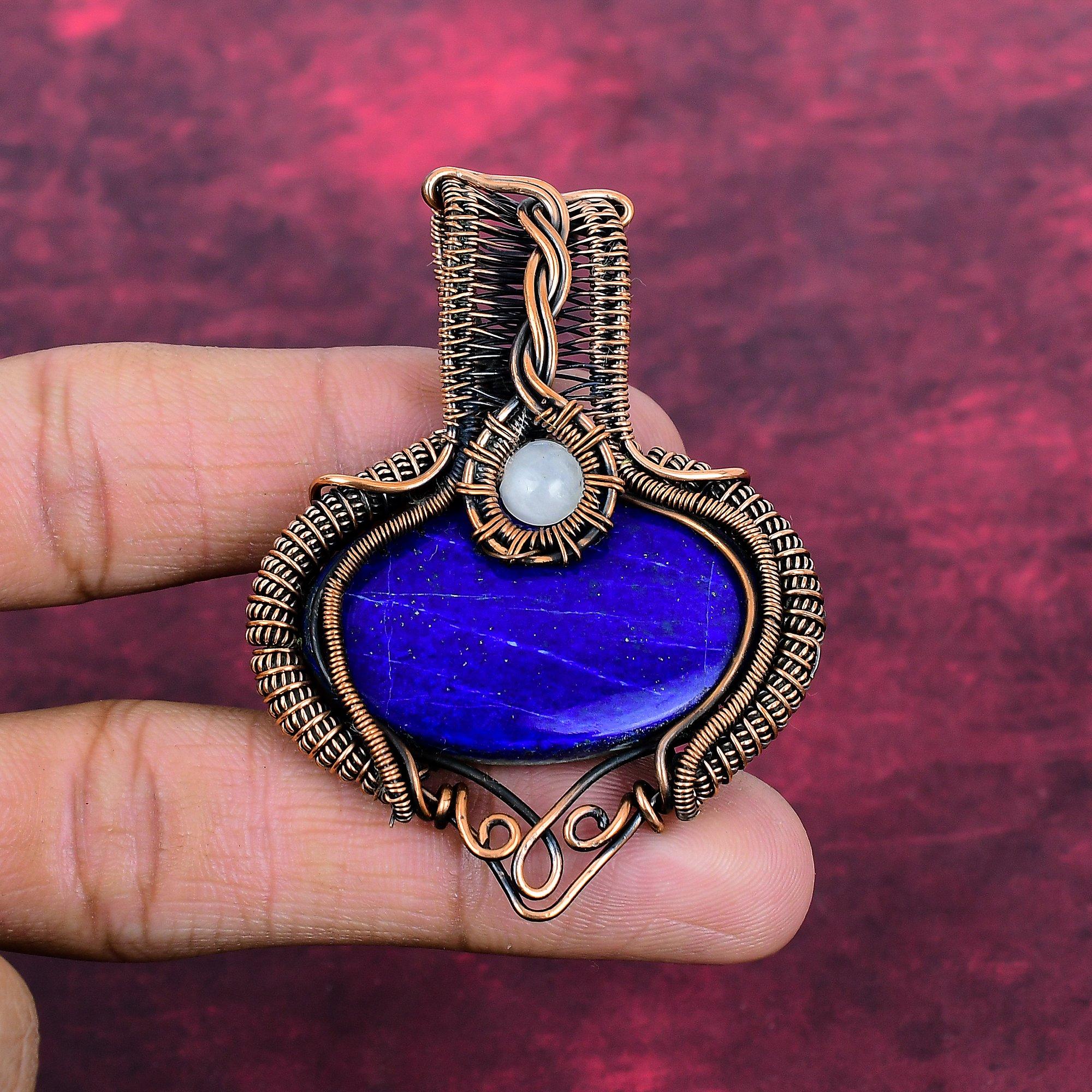 Lapis Lazuli Gemstone Pendant Copper Wire Wrapped Pendant Rainbow Moonstone Jewelry