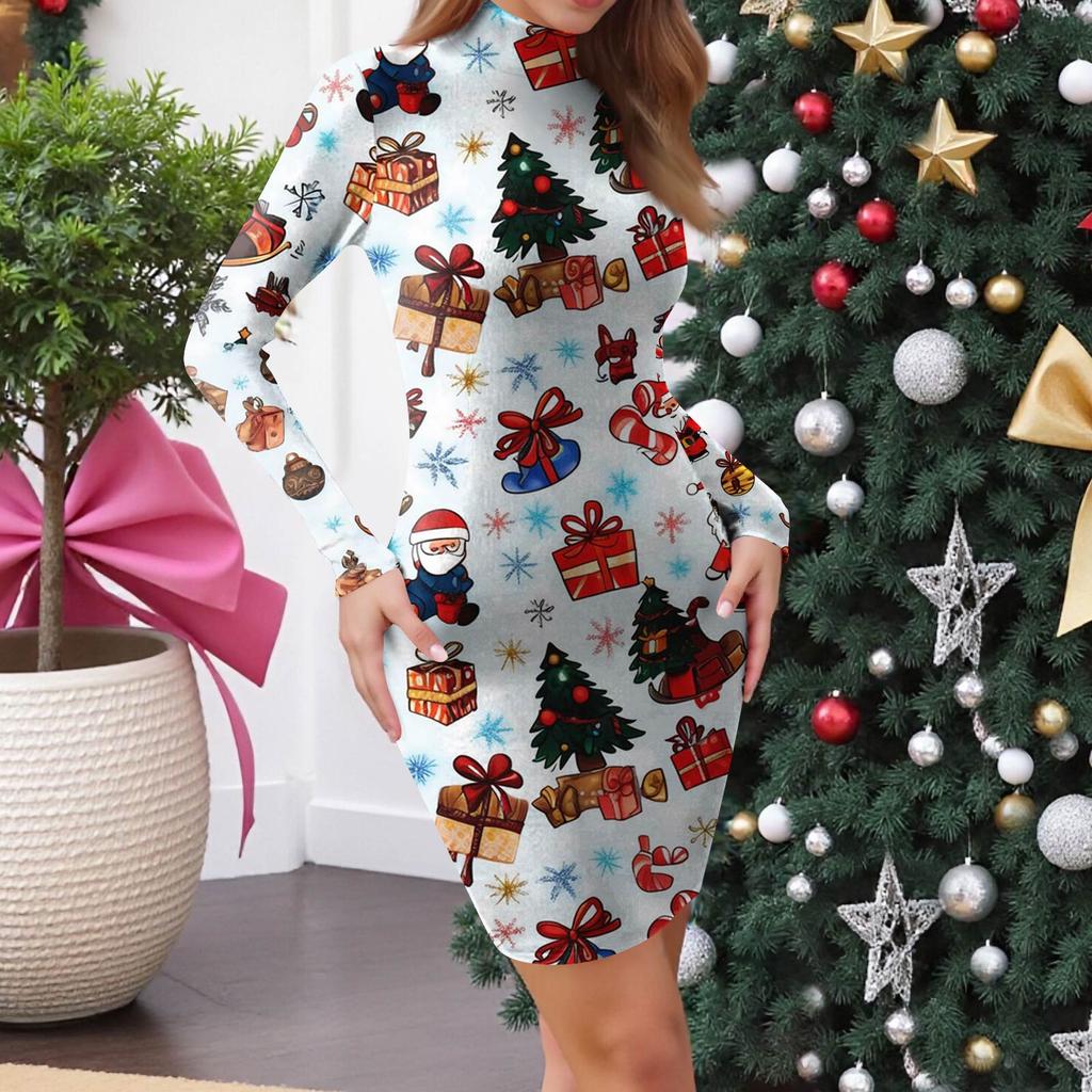 Women's High-Neck Casual Long-Sleeved Printed Slim-Fit Dress