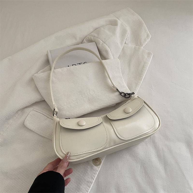 Vintage Double Pocket Design Shoulder Bags for Women Solid Color Ladies Pu Leather Underarm Bag Simple Portable Female Handbags