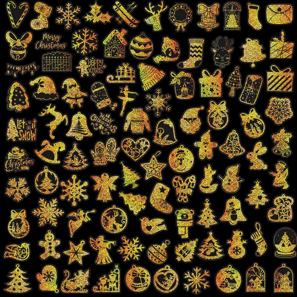 100 PCS Holographic Christmas Stickers - Gold PET Decals for Gifts, Journals, Glass Decor