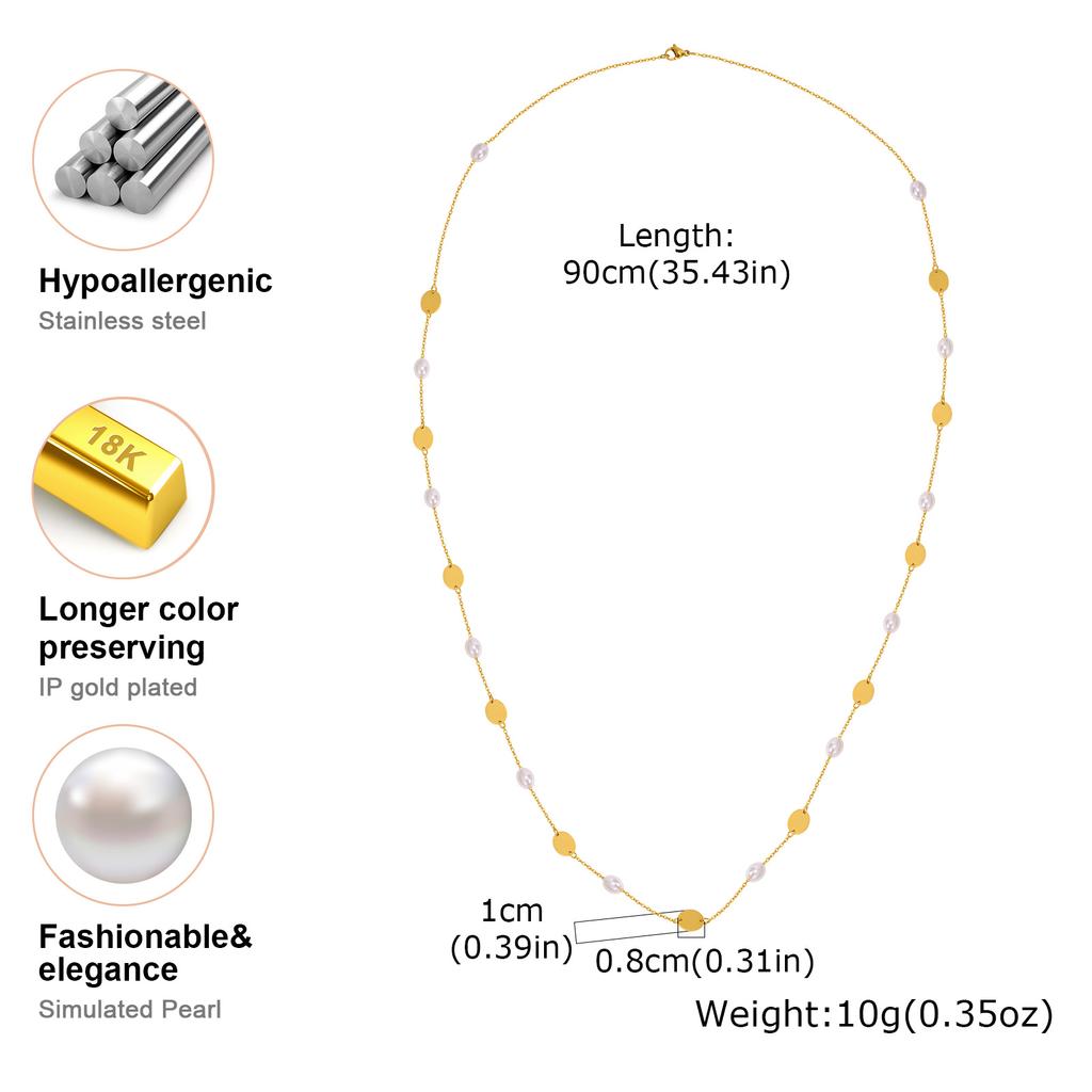 Exaggerated Personality Design Long Chain Imitation Pearl Necklace for Women, Gold Plated Stainless Steel Chain Party Jewelry