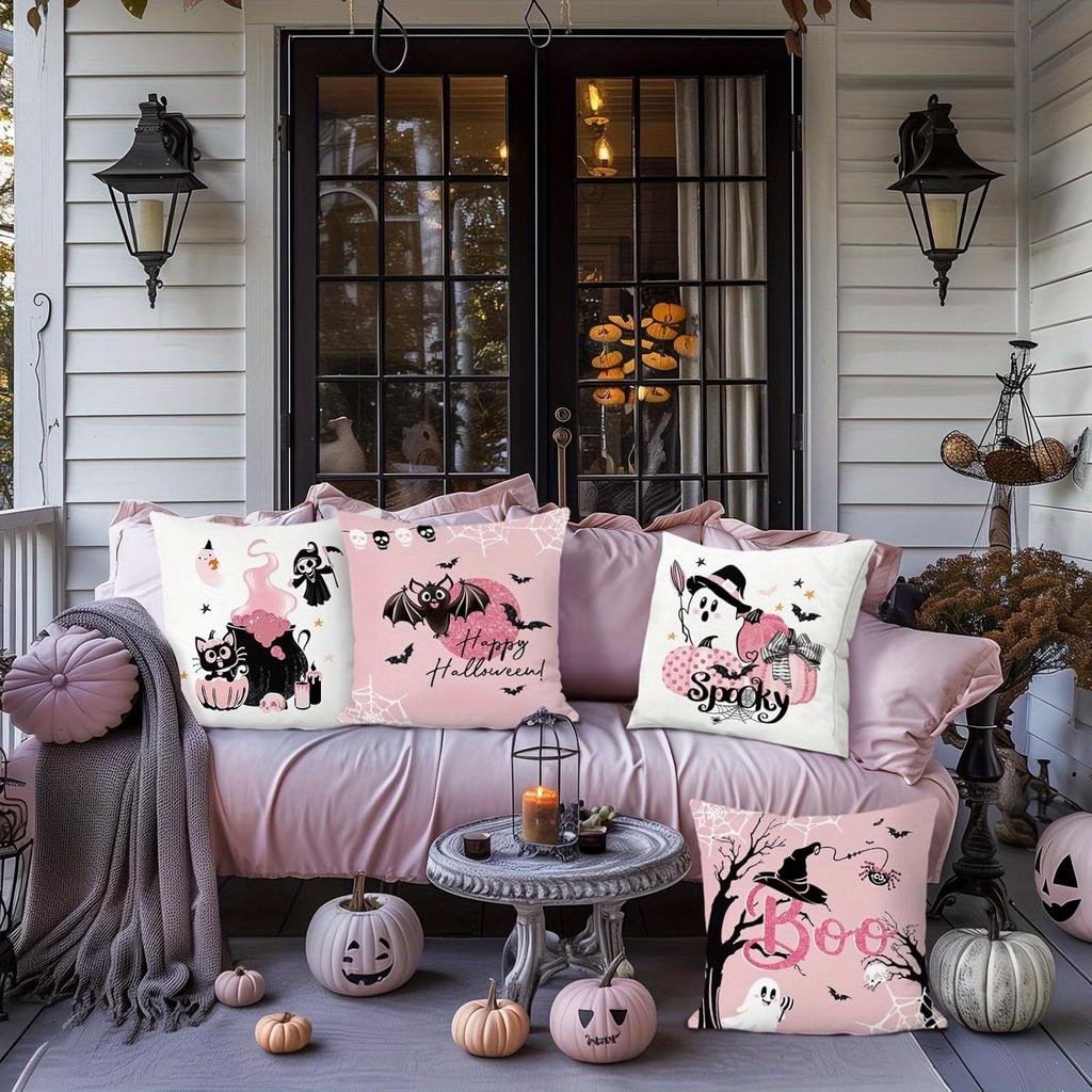 Home Decor Adorable Pink Halloween-themed Pillow Covers Pattern Cushion Cover Suitable for Sofa Bedroom Car Pillow Cover