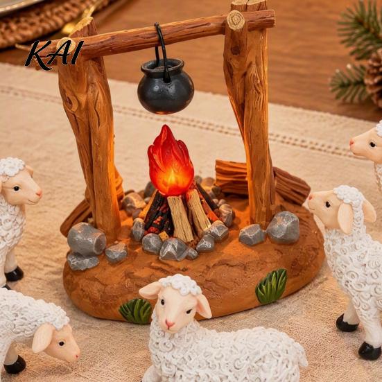 Holiday Tabletop Display Christmas Nativity Scene Set with LED Lighted Campfire, Resin Manger Stable Figurine, Miniature Wooden Look Hut & Sheep