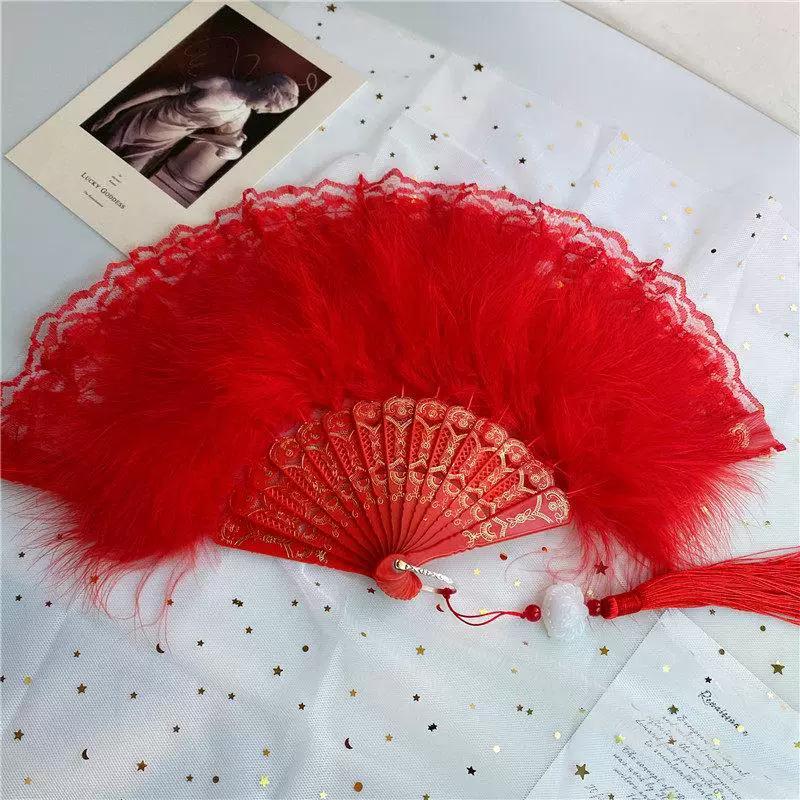 White Feather Fan, Trendy Retro-Style Fan Paired with Cheongsam for Dance and Runway Shows, Fairy-Like Palace-Style Folding Fan for Girls