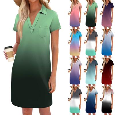 Women's Fashion Casual Loose Printed V-Neck Small Pocket Short Sleeve T-Shirt Dresses