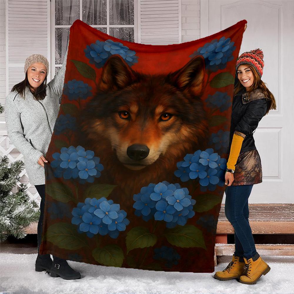 1pc Wolf Blue Flowers Throw Blanket Polyester Fiber, Lightweight Flannel, Soft & Warm, All Season Use for Outdoor, Camping Digital Print