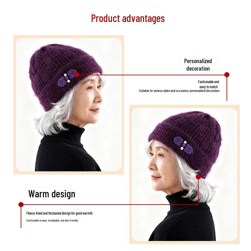 Warm Knitted Hat for Middle-Aged and Elderly Women – Thickened Wool with Ear Protection