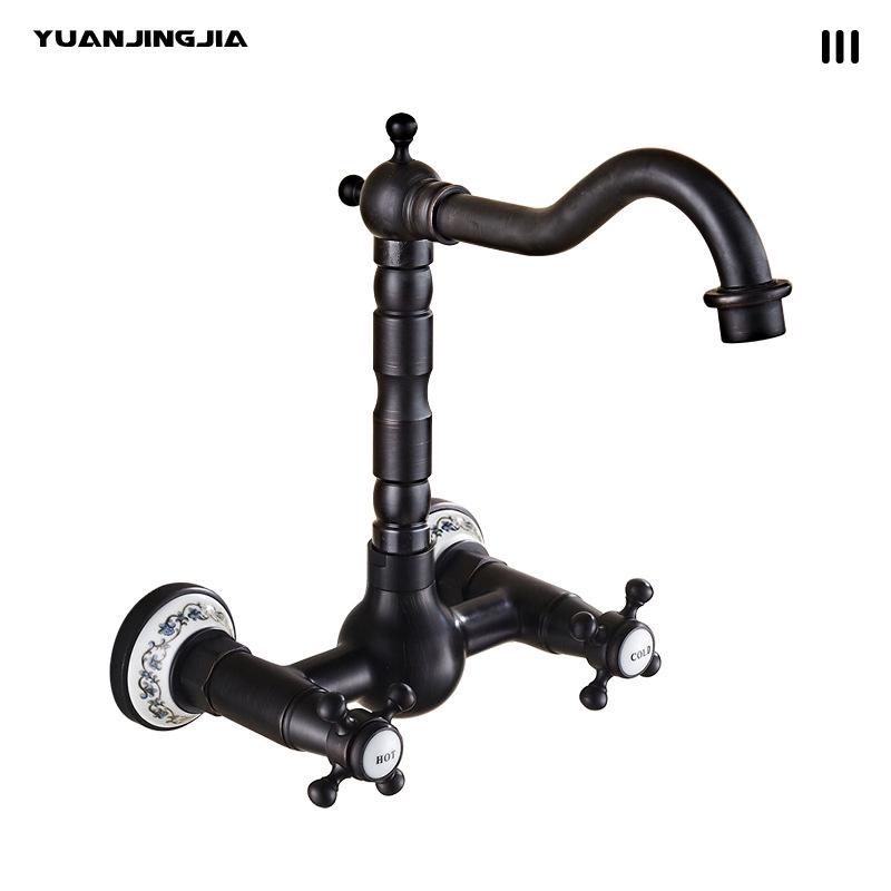 Retro French Copper Wall-Mounted Double Handle Faucet for Kitchen and Balcony.