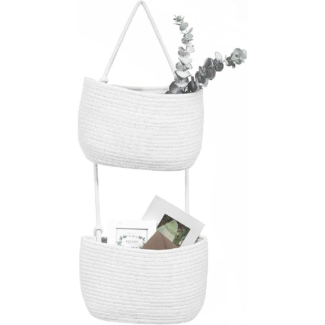 Over The Door Hanging Basket, 2 Tier Cotton Rope Woven Wall Basket, Magazine Racks Hanging Organizer, Decorative Hanging Storage Baskets for