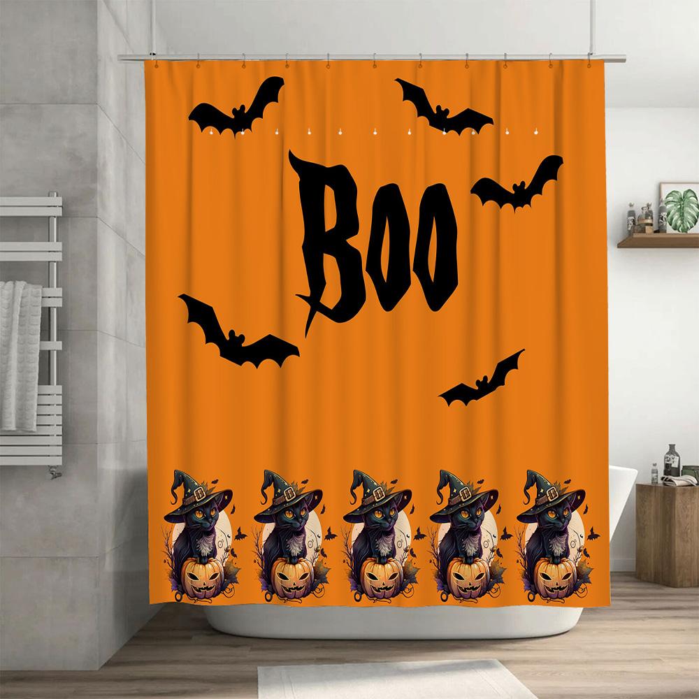 Halloween-Themed Shower Curtain With Boo Lettering And Spooky Cat Designs For Haunted House Decor In Bathroom Accessories