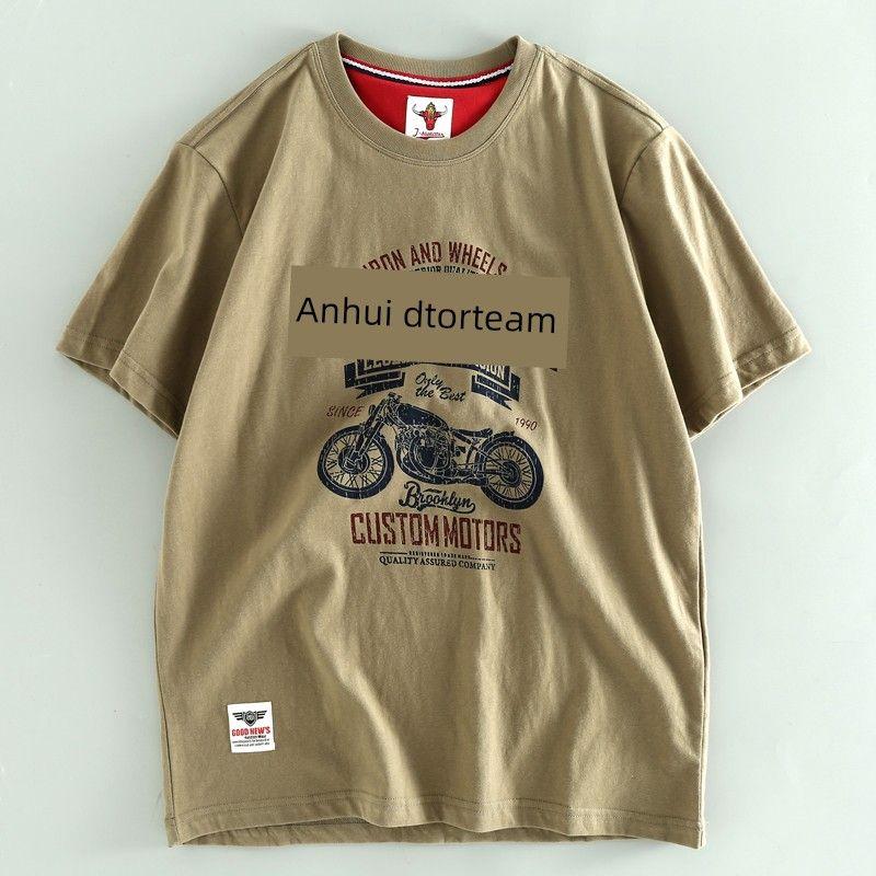 Foreign Trade Export Balance Cut the Tag Off Pure Cotton Short Sleeve T-shirt Men Summer Heavy Weight Sanding Retro Locomotive Print Half Sleeve Shirt