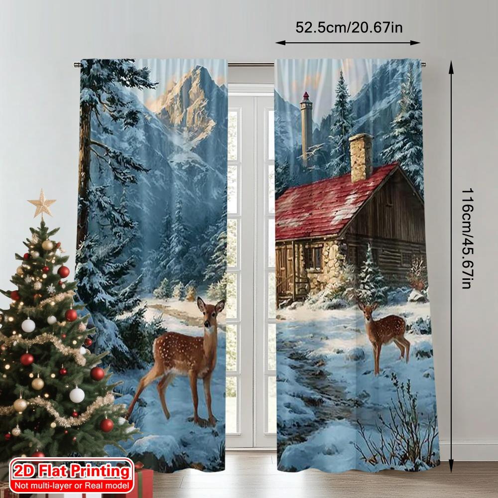 2pcs 2D flat printing Merry Christmas Party Curtains Cardinal Deer (8) Durable Polyester Without Electricity Festive Holiday