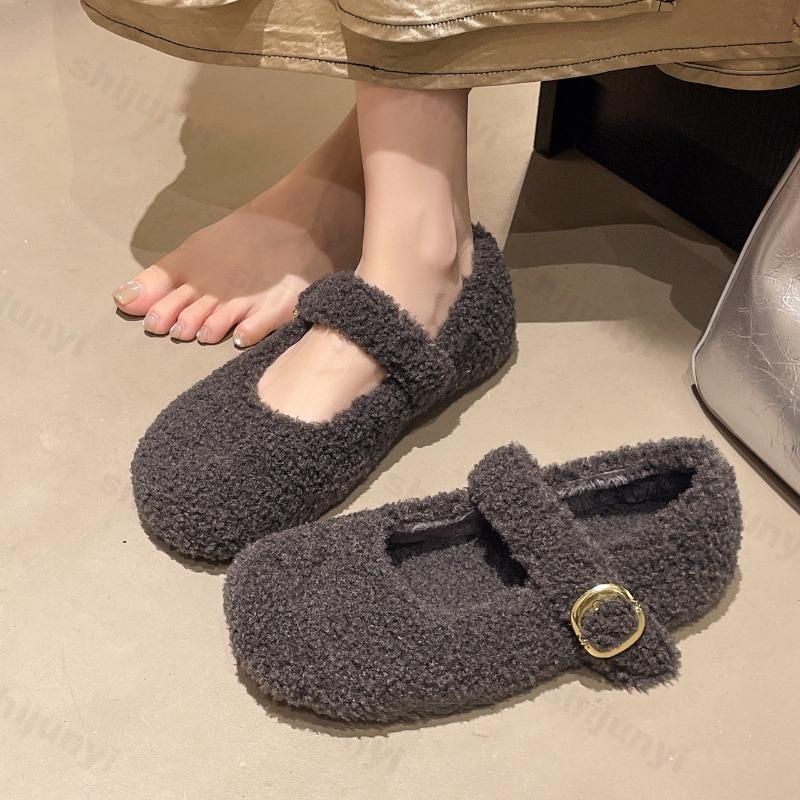 Damsko Ballerinas Mode 2026 Rund Tå Varma Plysch Loafers Dam Fluffiga Mary Jane Skor Bekväma Halkfria Vardagsskor