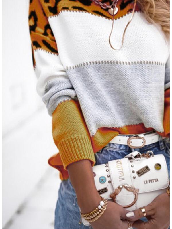 Women's Color Block Leopard Print Pullover: Long-Sleeved Casual Sweater for Autumn & Spring