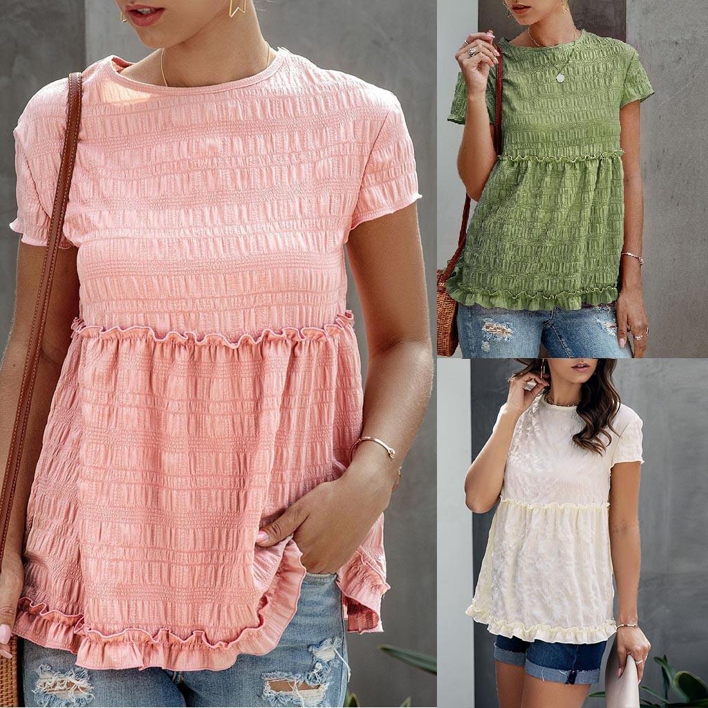 Loose-Fit Ruffled Hem Top Polyester Casual Shirt