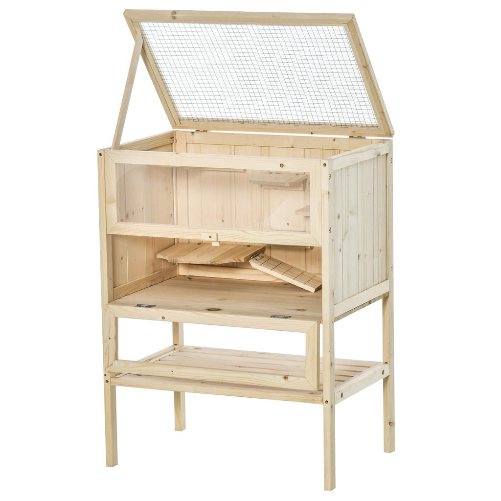 Wooden Cage for Hamsters and Mice, Play House with 5 Platforms, Ramp, Hinged Roof, Glass Window, Plastic and Bottom Shelf, 60x40x80 Cm, Natural