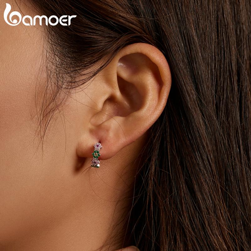 BAMOER 925 Sterling Silver Delicate Shining Pink Zircon Flowers Earrings for Women Fashion Jewelry