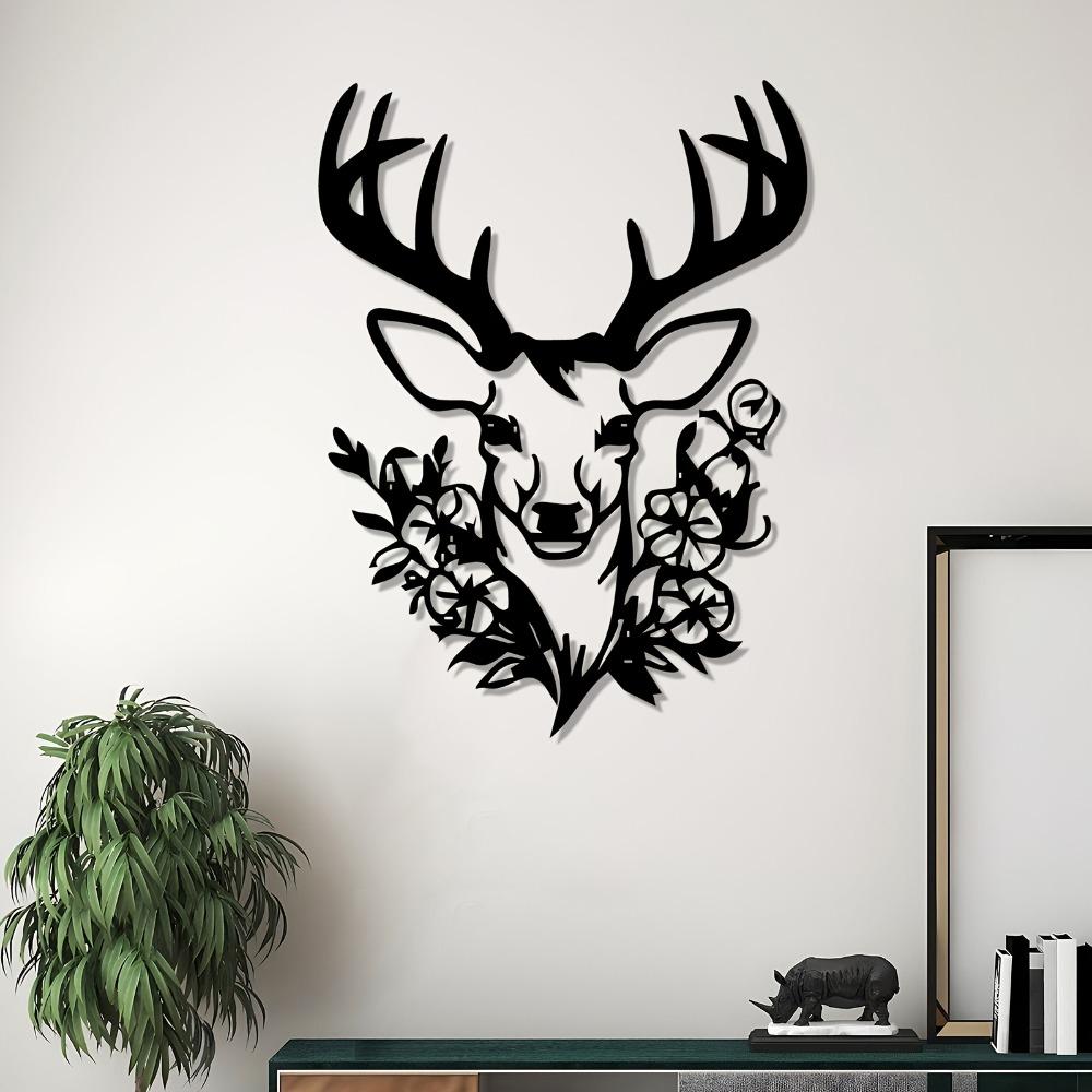 Metal Deer Head Wall Art, Floral Design Rust Resistant Sculpture, Christmas Thanksgiving Gift for Living Room Garden Fence Decor 1pc