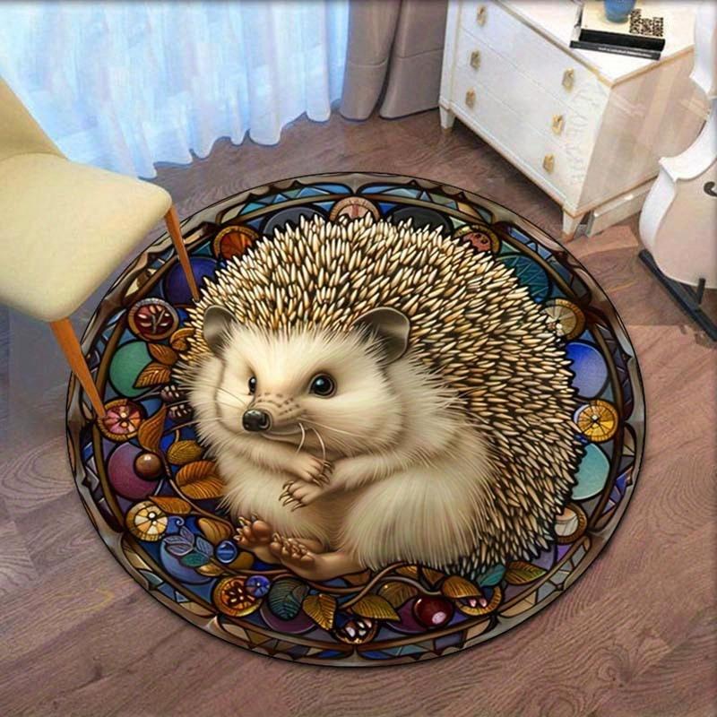 

Retro Hedgehog Round Rug, Charming Non Slip Mat for Patio, Garden, Bedroom, Living Room, Vintage Style Decor 60cm