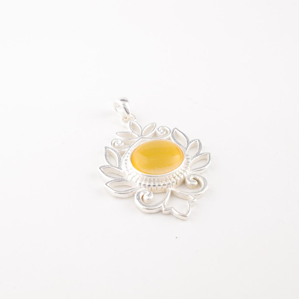 Yellow Cat's Eye Gemstone 925 Stamped Silver Jewelry Handcrafted Women Pendant CP-1-42