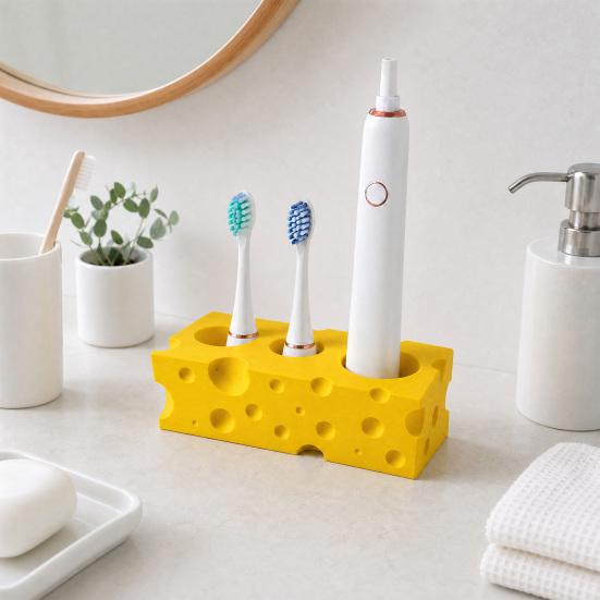 Toothbrush Holder, 3-Hole Partitioned Storage, Creative Cheese Shape Organizer, with Hollow Drainage Structure Stand for Electric Toothbrushes