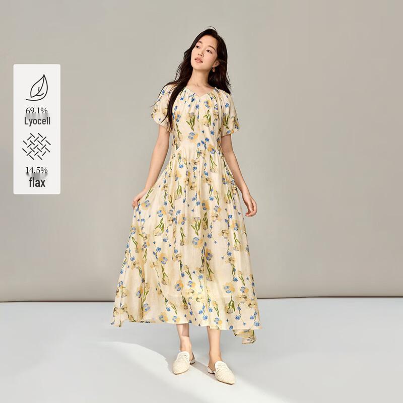 INMAN Floral French Style Lyocell Linen Midi Dress L