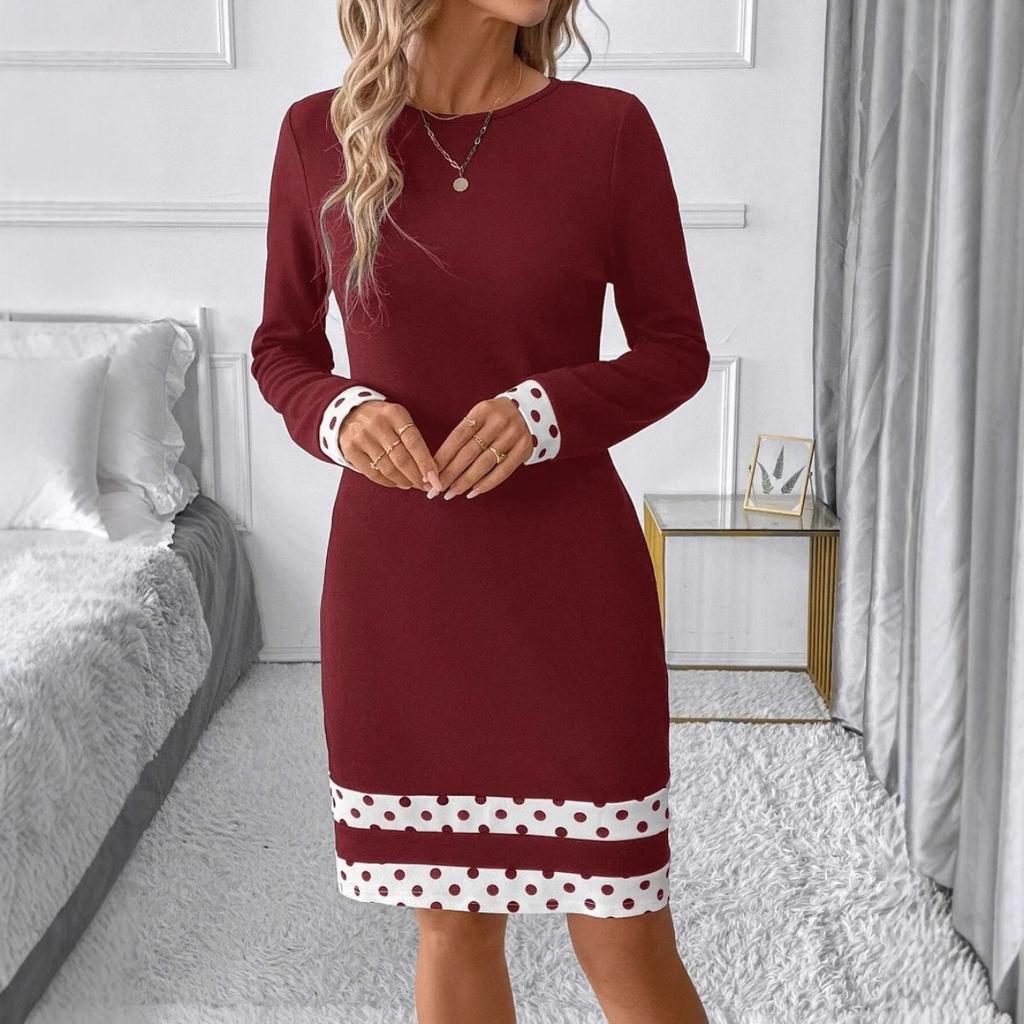 Fall Winter Women's Burgundy Round Neck Long Sleeve Knit Dress, Elegant European American Style Casual Party Dress
