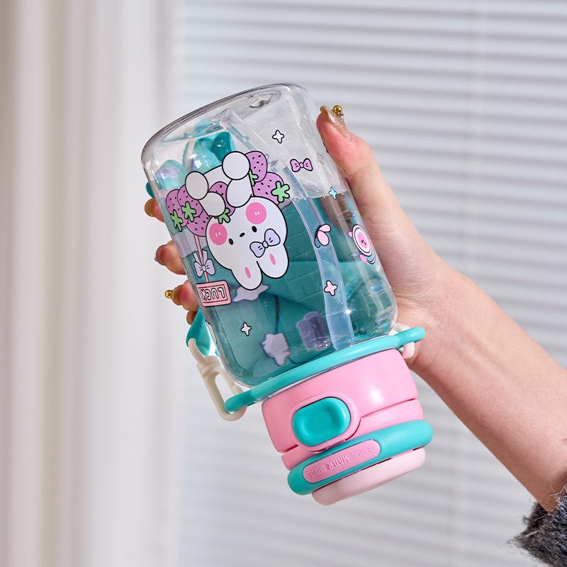 Water Bottle New Cute Children's Water Cup Kindergarten Summer School Cartoon Special Cup Portable Student Double Drink Straw Cup