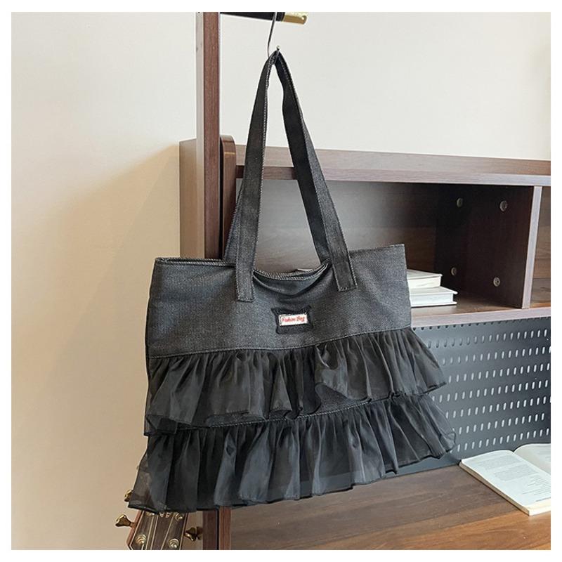 Denim bag women's large-capacity new summer versatile lace pleated shoulder bag student tote bag