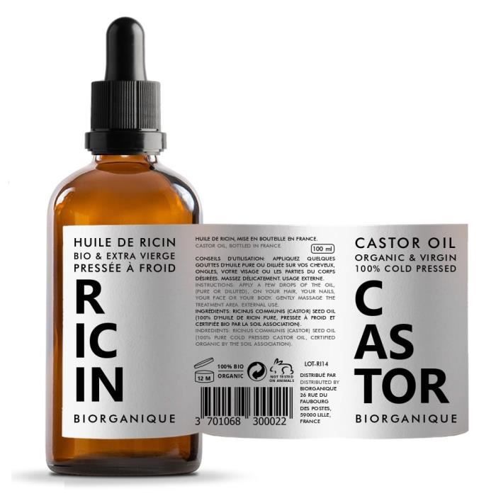 Huile de Ricin - 100% Bio et Pure - Pressée à froid - 100 ml - Soin pour Corps, Cheveux, Ongles, Cils